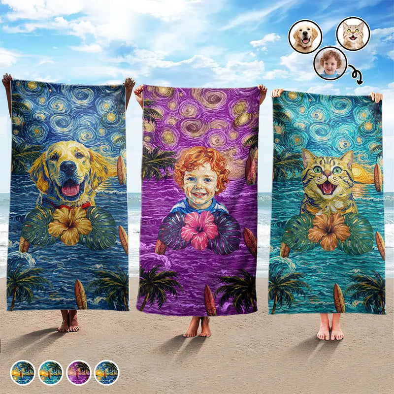 Custom Photo, Beach, Art Design, Summer, Top Market, Pet Mom, Pet Lovers, Gift For Mother, Playful, Photo - Starry Night  - Custom Photo Starry Night Tropical Pattern Dog Cat Kid - Personalized Beach Towel