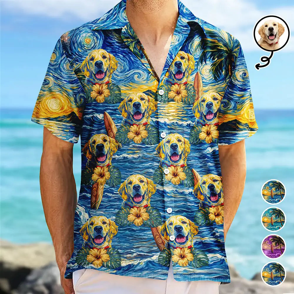 Custom Photo Starry Night Tropical Pattern Dog Cat Kid - Personalized Hawaiian Shirt