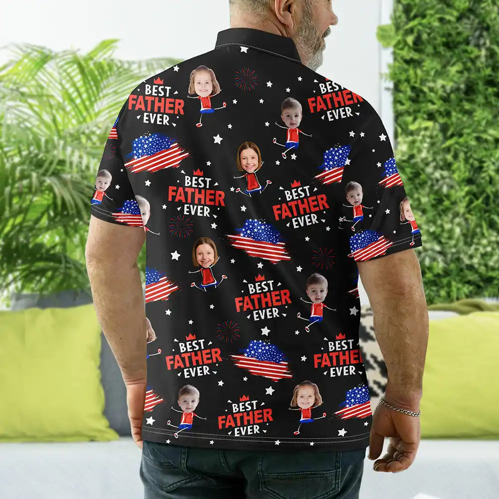Custom Photo,Independence Day,Gift For Grandpa,Adorable,Cut-Face Photo - Custom Photo Stars And Stripes Best Dad Grandpa Ever - Personalized Polo Shirt