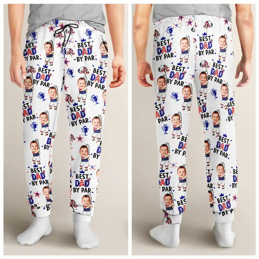 Golf,Gift For Father,Gift For Grandpa,Gift For Mother,Gift For Grandma,Happy,Independence Day,Non-Eng,Photo,Icon,Humorous - Custom Photo Stars & Stripes Best Dad Grandpa By Par - Personalized Pajama Pants