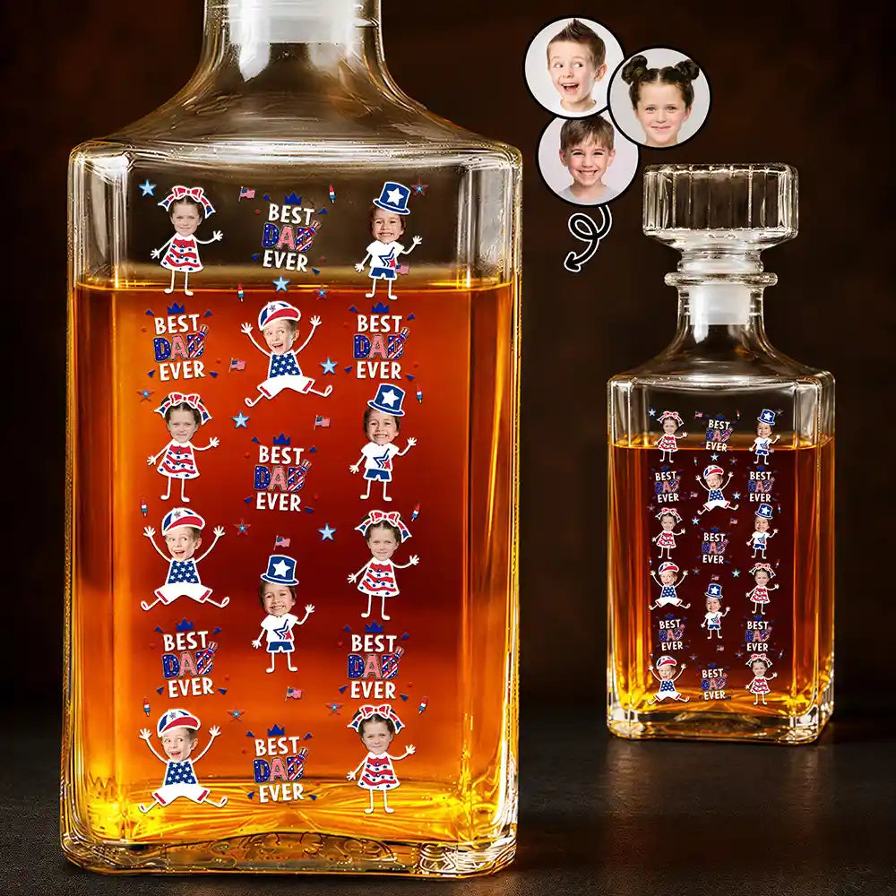 Custom Photo Stars & Stripes Best Dad Grandpa Ever - Personalized Square Whiskey Bottle