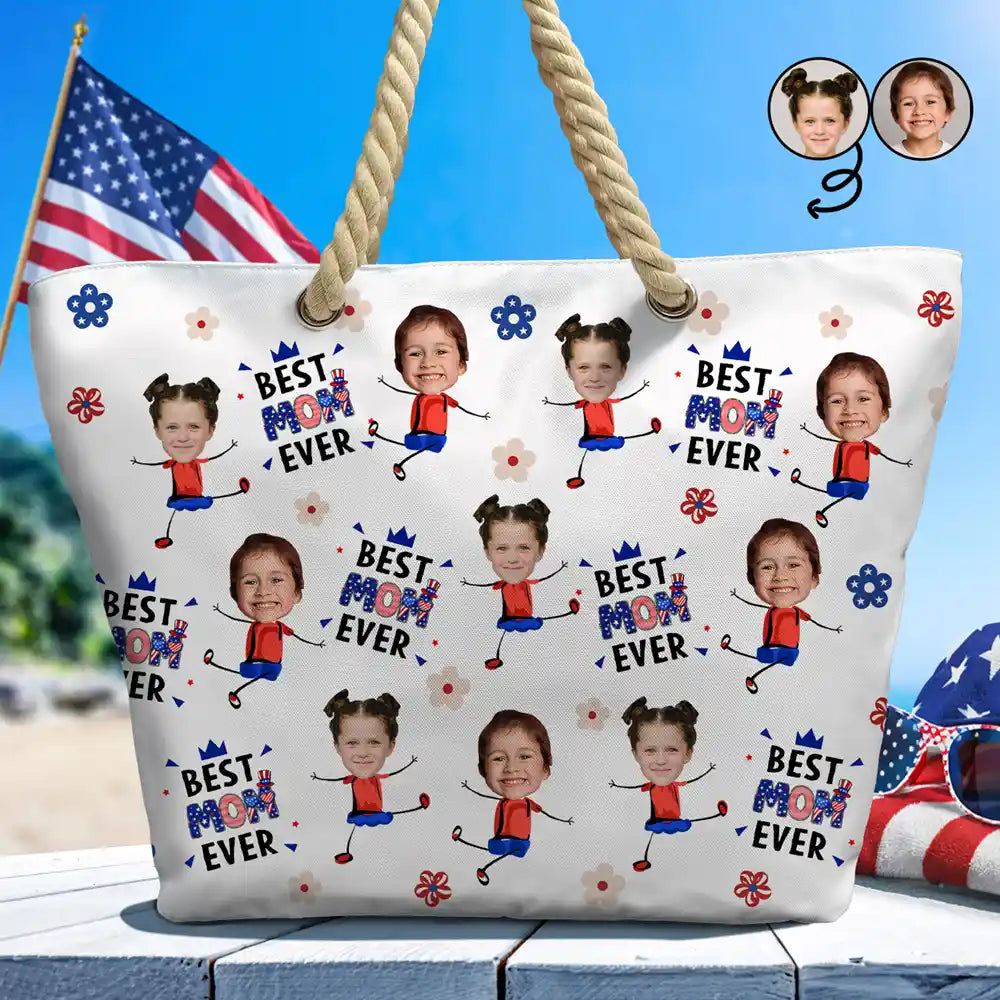 Gift For Mother,Gift For Grandma,Happy,Summer,Independence Day,Non-Eng,Photo,Icon,Humorous - Custom Photo Stars & Stripes Best Mom Grandma Ever - Personalized Beach Bag