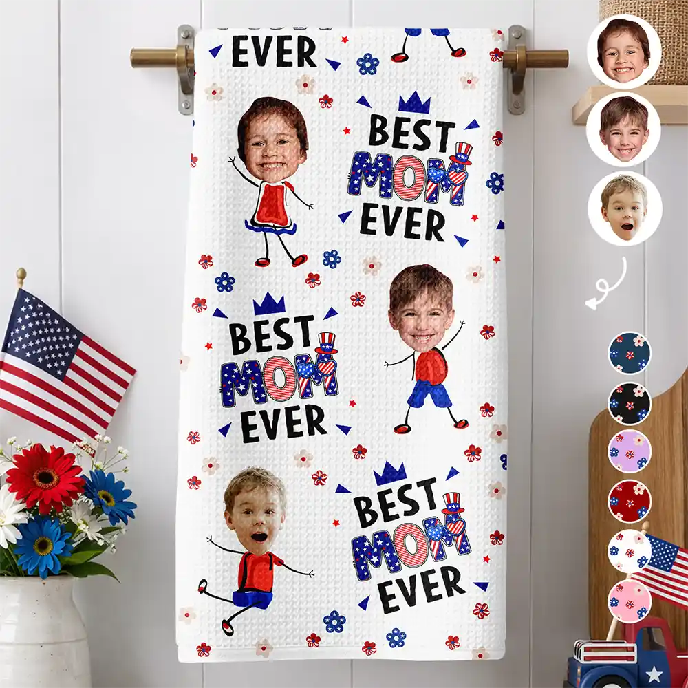 Custom Photo Stars & Stripes Best Mom Grandma Ever - Personalized Kitchen Towel