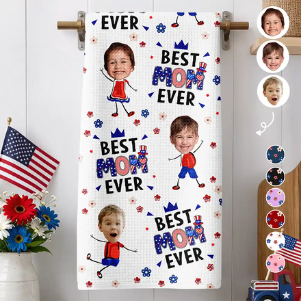 Custom Photo Stars & Stripes Best Mom Grandma Ever - Personalized Kitchen Towel