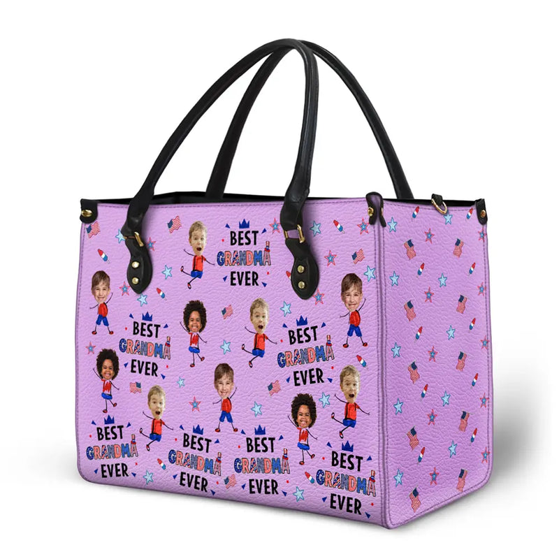 Gift For Mother,Gift For Grandma,Happy,Summer,Independence Day,Non-Eng,Photo,Icon,Humorous - Custom Photo Stars & Stripes Best Mom Grandma Ever - Personalized Leather Bag