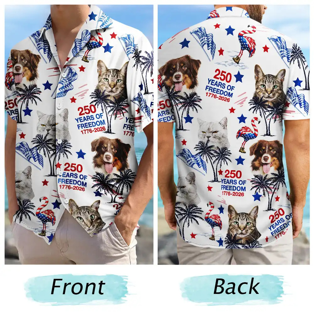 Independence Day,Happy - Custom Photo Stars & Stripes Family Pets Kids Tropical Flamingo - Personalized Hawaiian Shirt