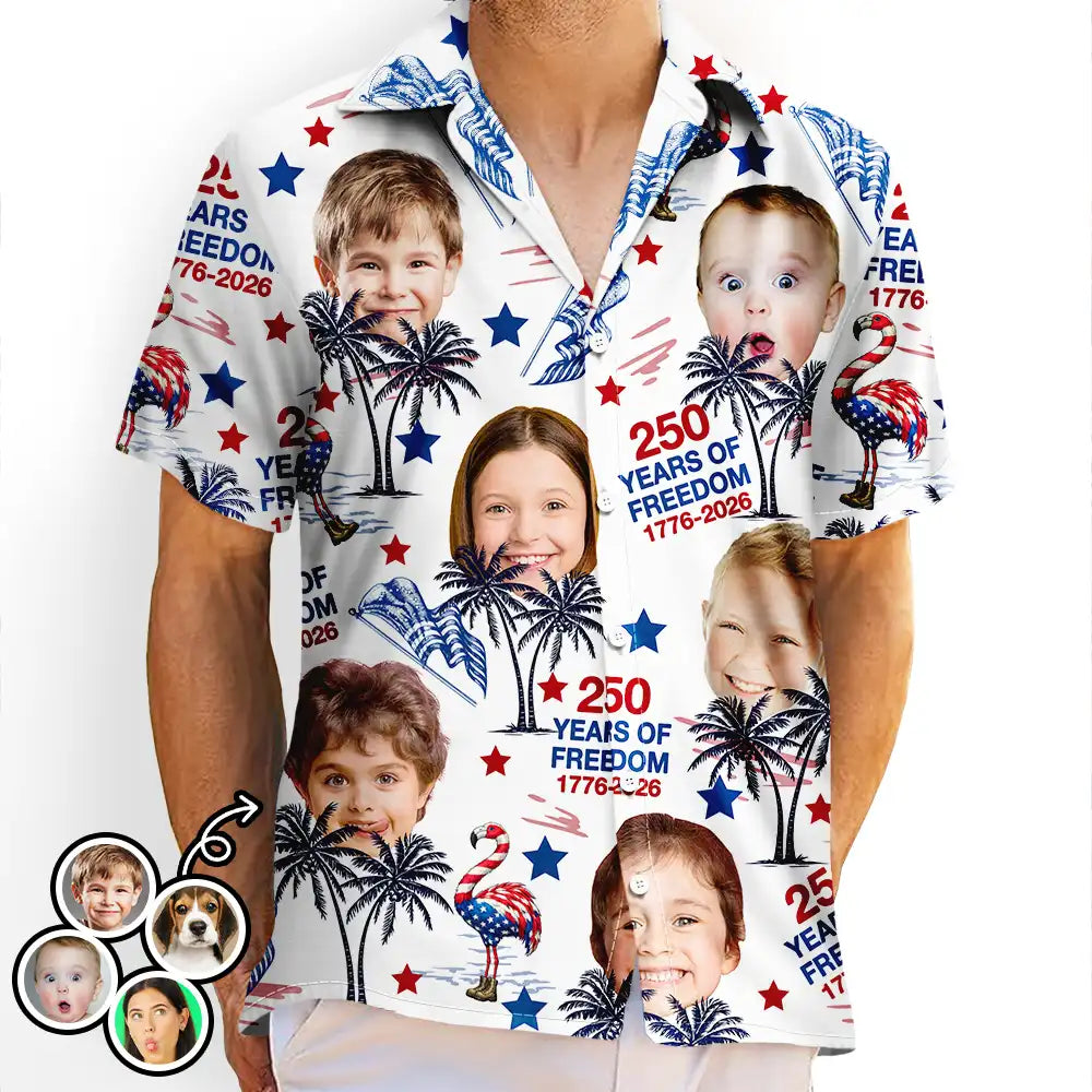 Independence Day,Happy - Custom Photo Stars & Stripes Family Pets Kids Tropical Flamingo - Personalized Hawaiian Shirt