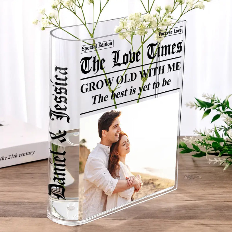 Old Couples,Gift For Couples,Gift For Women,Gift For Men,Gift For Wife,Gift For Husband,Gift For Boyfriend,Gift For Girlfriend,Love,LGBT - Custom Photo The Love Times Newspaper Theme - Personalized Acrylic Book Vase