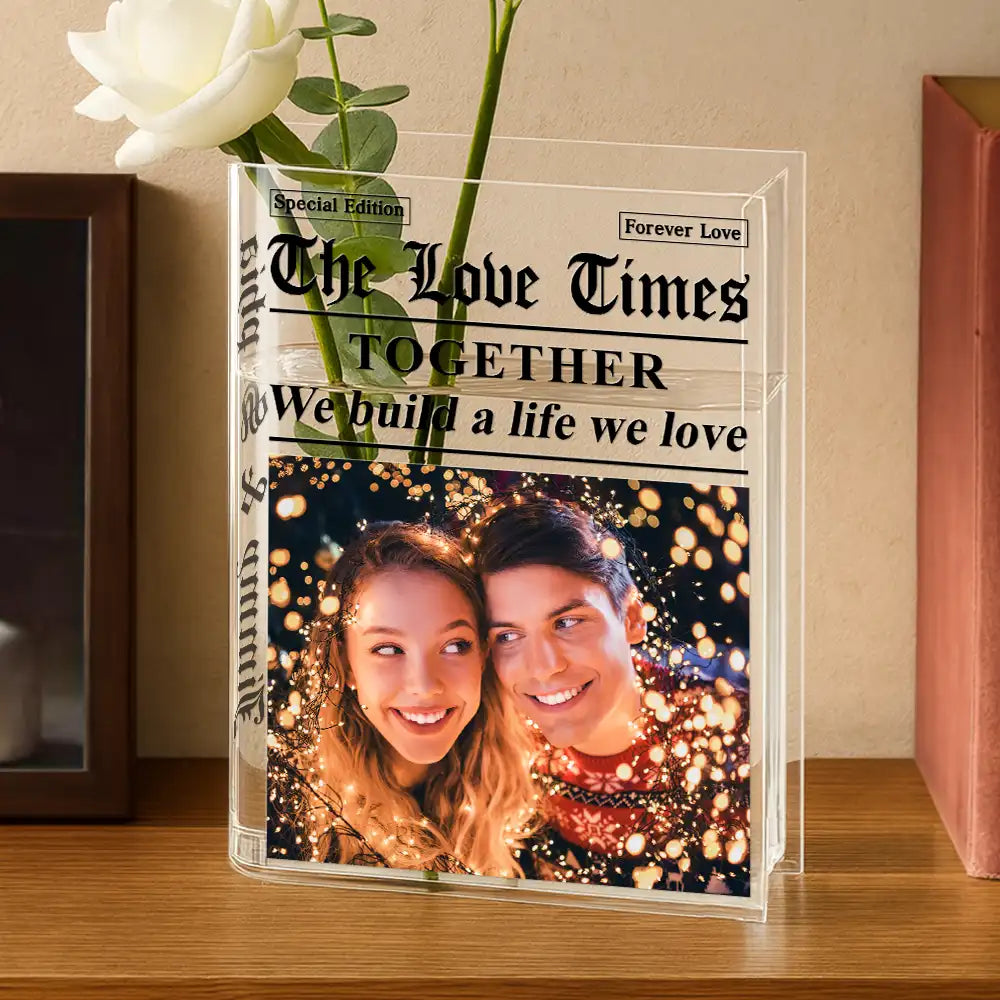 Old Couples,Gift For Couples,Gift For Women,Gift For Men,Gift For Wife,Gift For Husband,Gift For Boyfriend,Gift For Girlfriend,Love,LGBT - Custom Photo The Love Times Newspaper Theme - Personalized Acrylic Book Vase