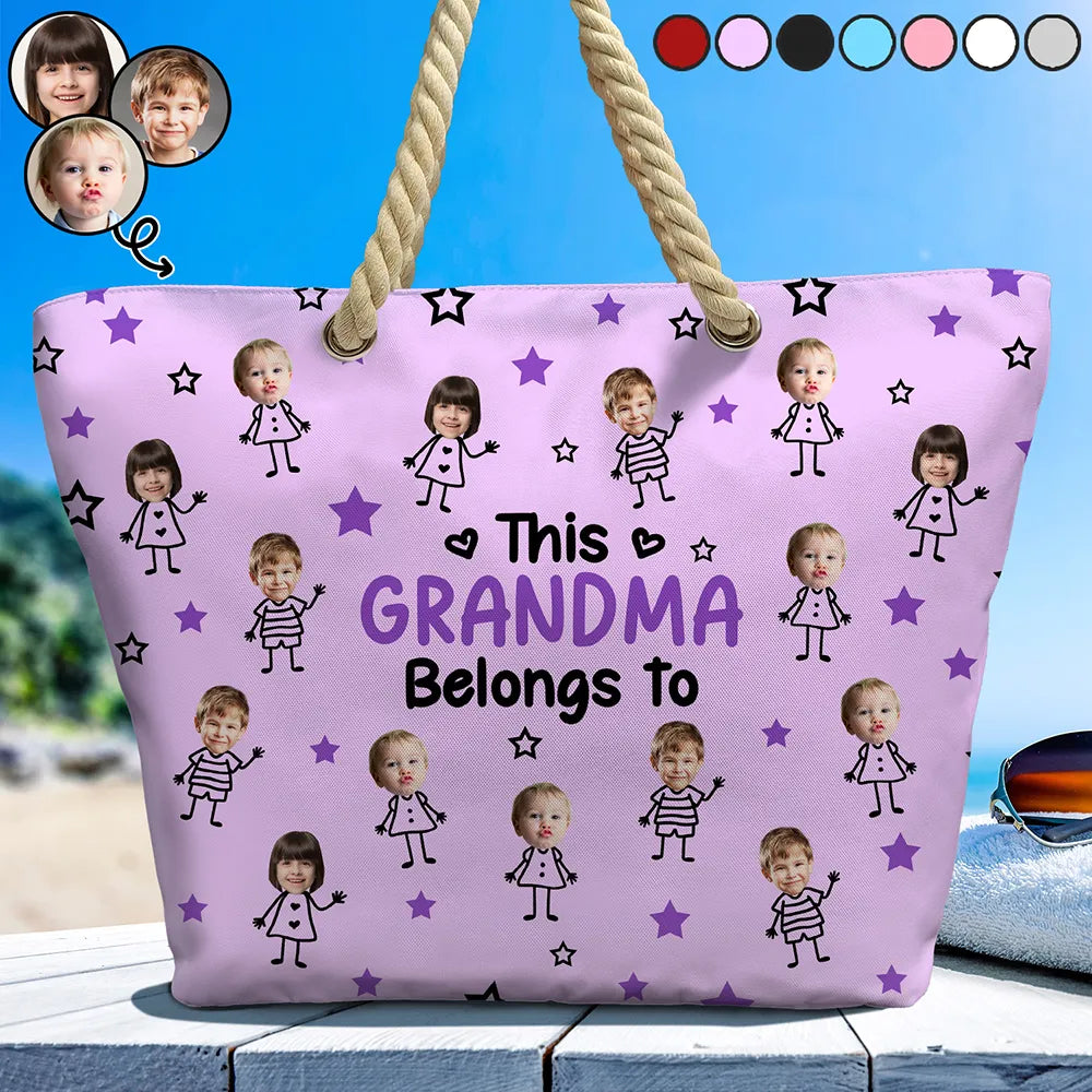 Gift For Grandma,Gift For Mother,Love,Stick Figure - Custom Photo This Grandma Mom Belongs To Kids Pet - Personalized Beach Bag