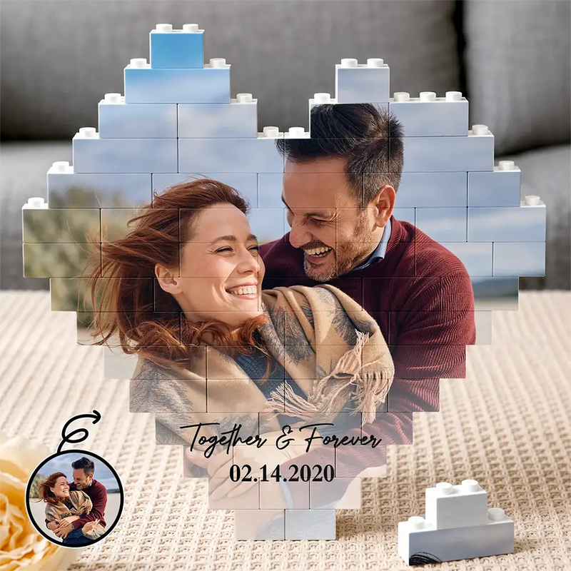 Custom Photo, Anniversary, Gift For Couples, Romantic, Dynamic Photo - Custom Photo Together & Forever Romantic Couple Portrait - Personalized Building Brick Blocks