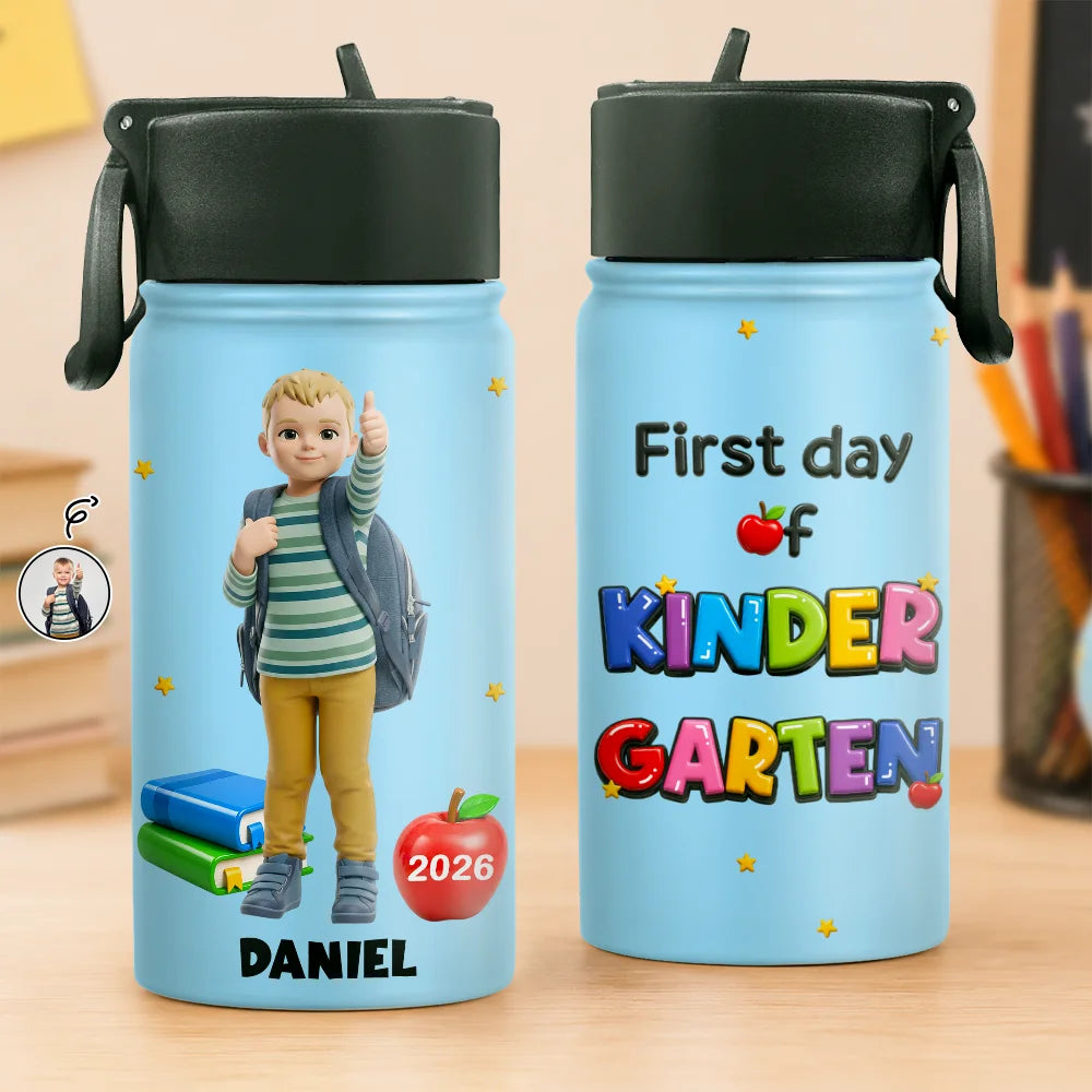 Custom Photo Toybox Figure First Day Of Kindergarten - Personalized Kids Water Bottle