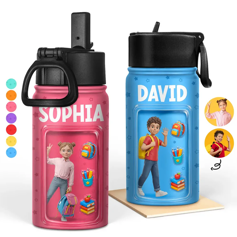 Back To School, Custom Photo, Gift For Kids, Art Design, Adorable, Photo - Toybox Figure - Custom Photo Toybox Figure Kid Portrait - Personalized Kids Water Bottle