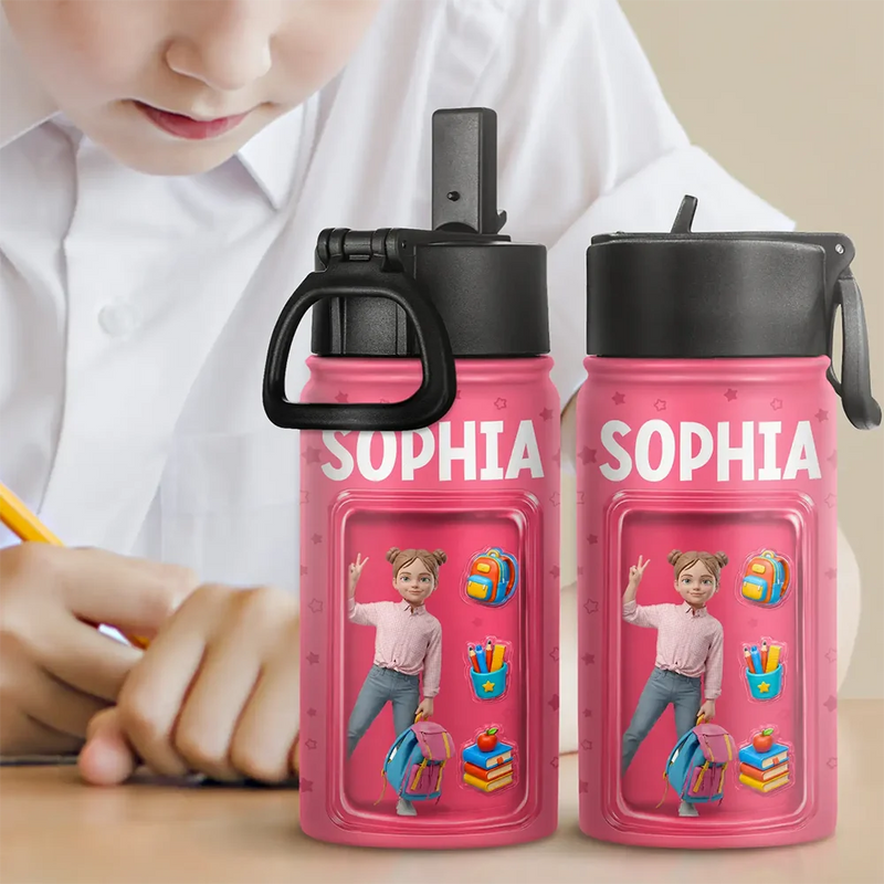 Back To School, Custom Photo, Gift For Kids, Art Design, Adorable, Photo - Toybox Figure - Custom Photo Toybox Figure Kid Portrait - Personalized Kids Water Bottle