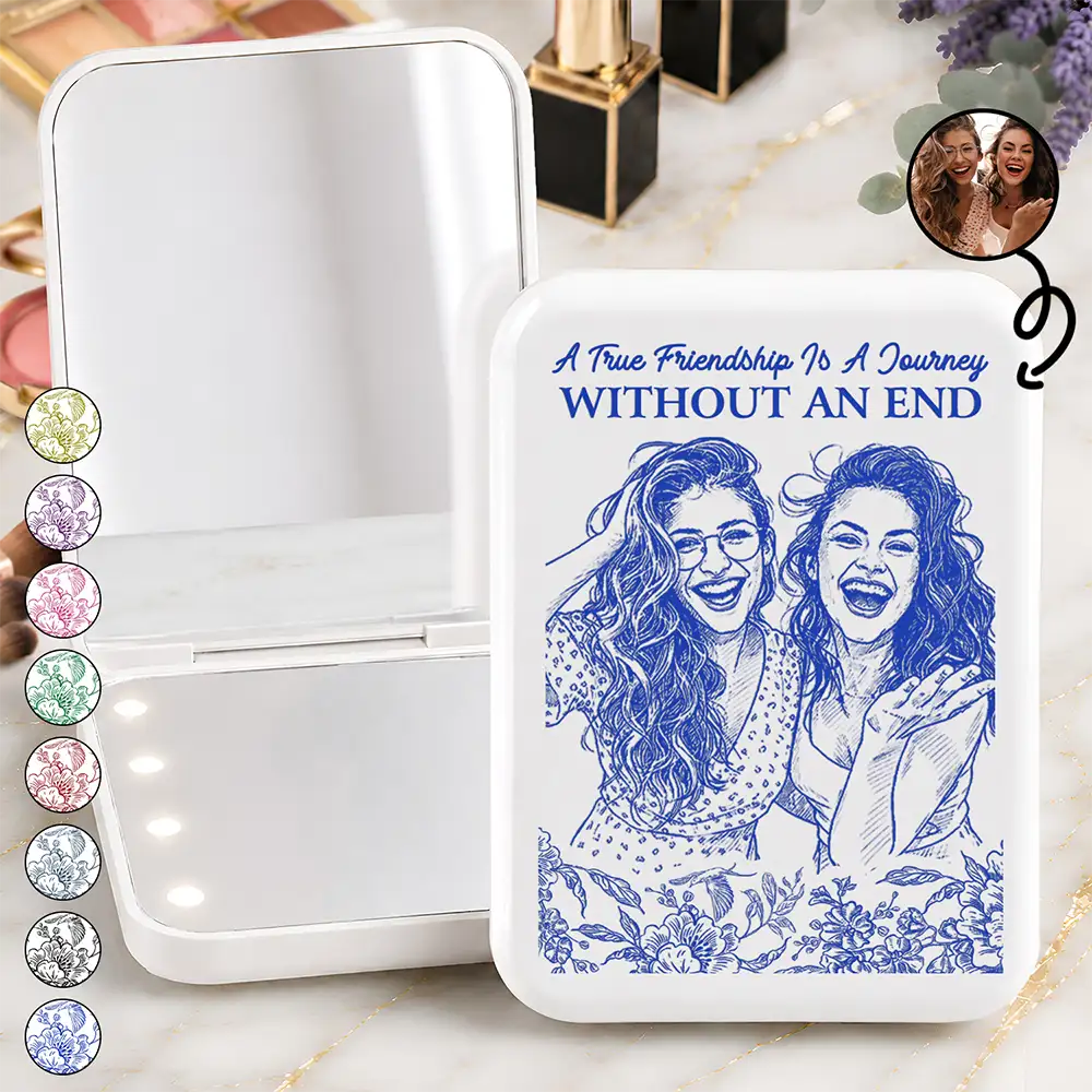 Custom Photo True Friendship Is Journey Without End Pencil Sketch Toile De Jouy - Personalized LED Compact Mirror