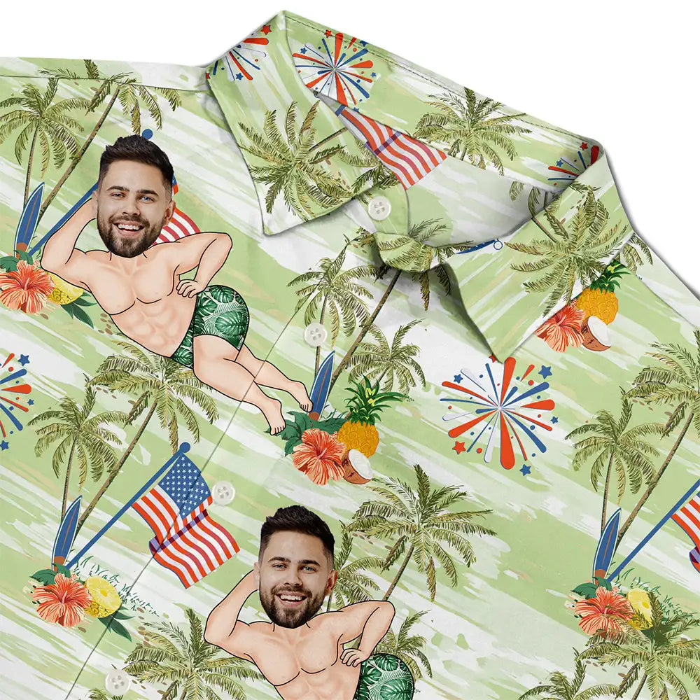 Gift For Husband,Gift For Boyfriend,Gift For Yourself,Gift For Men,Gift For Grandpa,Gift For Father,Funny,America 250th - Custom Photo US Flag Sexy Pose - Personalized Hawaiian Shirt