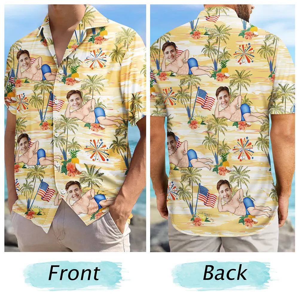 Gift For Husband,Gift For Boyfriend,Gift For Yourself,Gift For Men,Gift For Grandpa,Gift For Father,Funny,America 250th - Custom Photo US Flag Sexy Pose - Personalized Hawaiian Shirt