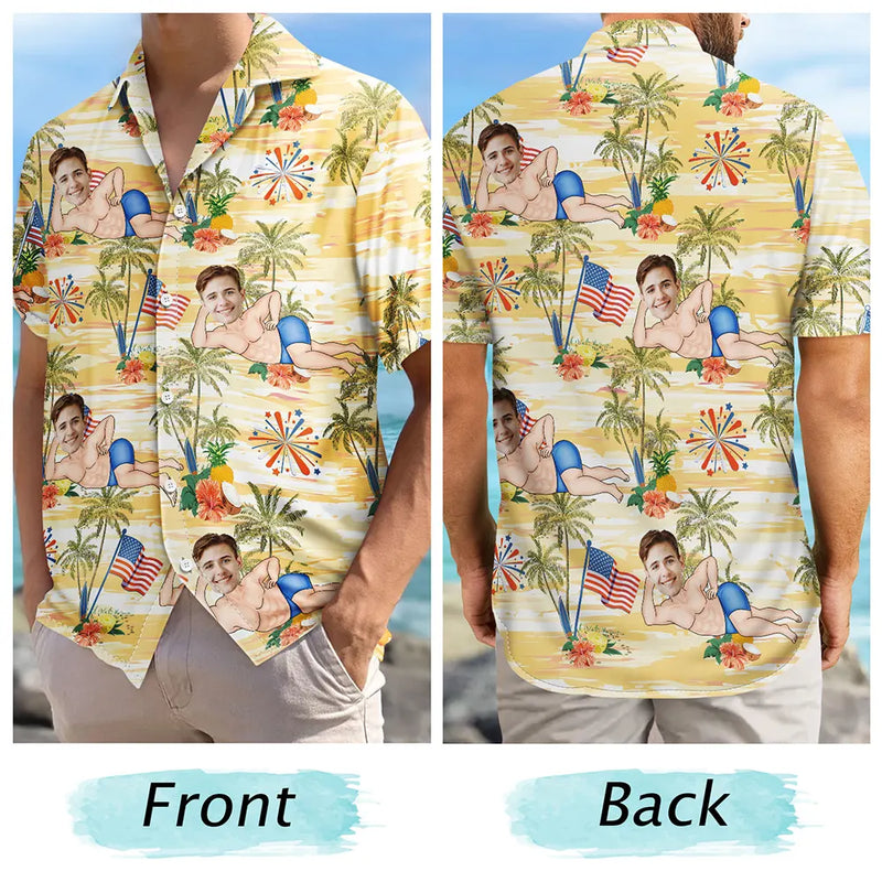 Gift For Husband,Gift For Boyfriend,Gift For Yourself,Gift For Men,Gift For Grandpa,Gift For Father,Funny,America 250th - Custom Photo US Flag Sexy Pose - Personalized Hawaiian Shirt