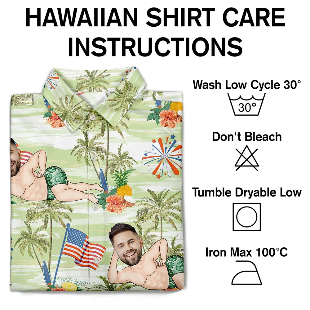 Gift For Husband,Gift For Boyfriend,Gift For Yourself,Gift For Men,Gift For Grandpa,Gift For Father,Funny,America 250th - Custom Photo US Flag Sexy Pose - Personalized Hawaiian Shirt