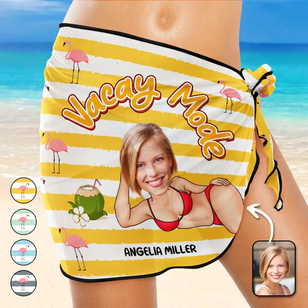 Gift For Yourself,Gift For Women,Summer,Happy,Beach - Custom Photo Vacay Mode - Personalized Short Sarong Swimwear Cover Ups