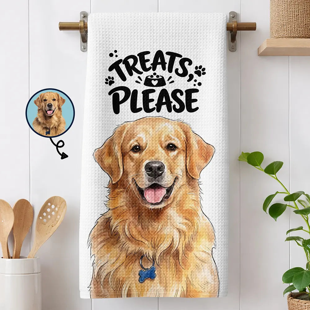 Custom Photo Vivid Watercolor Art Bone Appetit Lovely Pet Portrait - Personalized Kitchen Towel
