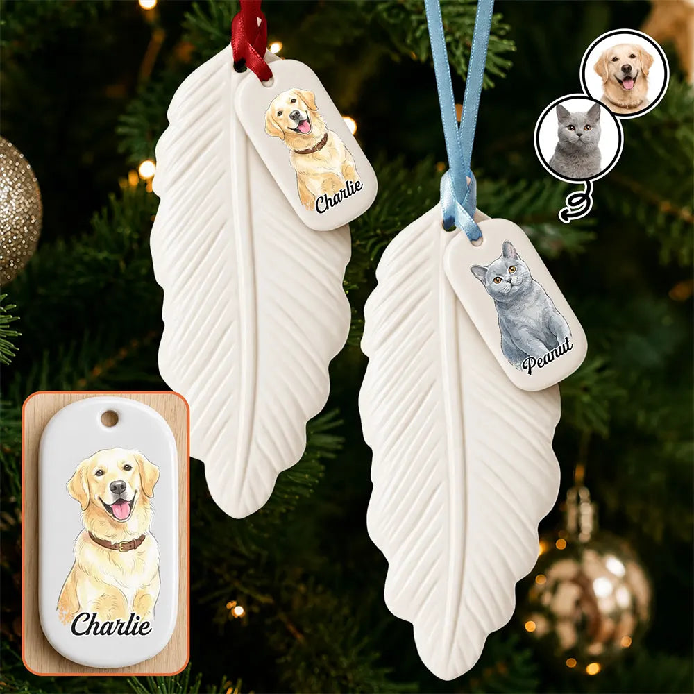 Art Design,Healing,Christmas,Pet Memorial,Pet Lovers,Memorial,Photo - Vivid Watercolor Art - Custom Photo Vivid Watercolor Art Dog Cat Pet Memorial Christmas - Personalized Feather Ornament