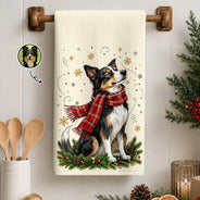 Art Design,Christmas,Pet Lovers,Photo - Pet With Fall Leaves,Happy - Custom Photo Watercolor Christmas Dog Pet Lover Gift - Personalized Kitchen Towel