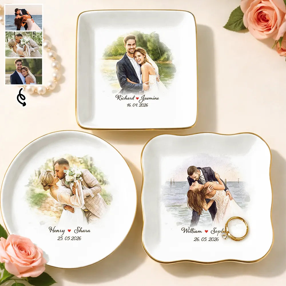 Custom Photo,Anniversary,Art Design,Gift For Couples,Romantic,Photo - Watercolor - With BG - Custom Photo Watercolor Painting Couples Anniversary Gift - Personalized Ring Dish
