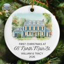 Art Design,Christmas,Family,Photo - Watercolor - With BG,Happy - Custom Photo Watercolor Painting First Christmas At New Home Couple Family - Personalized Circle Ceramic Ornament