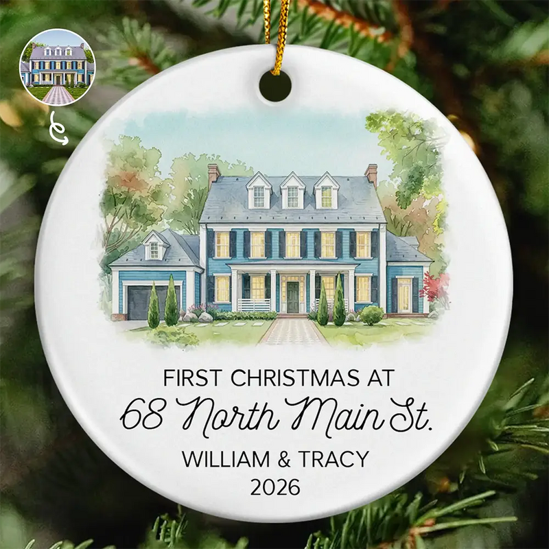 Art Design,Christmas,Family,Photo - Watercolor - With BG,Happy - Custom Photo Watercolor Painting First Christmas At New Home Couple Family - Personalized Circle Ceramic Ornament