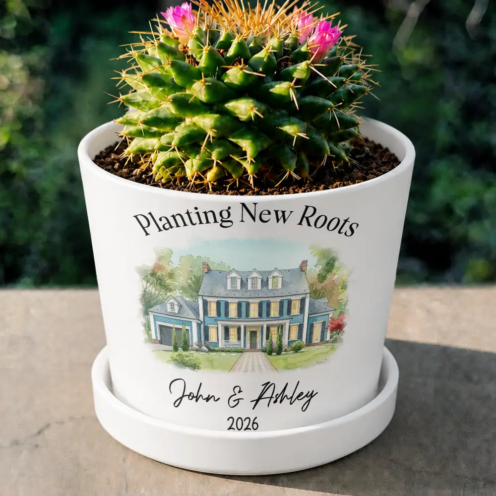 Art Design,New House,Gift For Couples,Photo - Watercolor - With BG,Happy - Custom Photo Watercolor Painting Planting New Roots New Home Just Married - Personalized Plant Pot