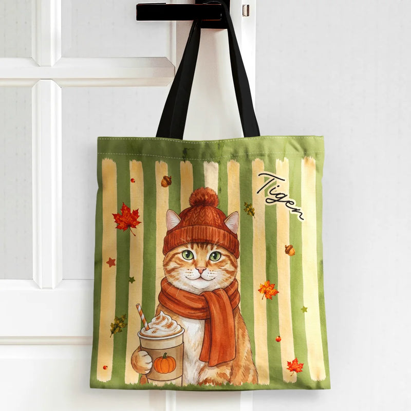 Adorable,Art Design,Pet Lovers,Photo - Autumn Theme Pet - Custom Photo Watercolor Pet With Autumn Accessories Autumn Lovely Dog Cat Portrait - Personalized Tote Bag