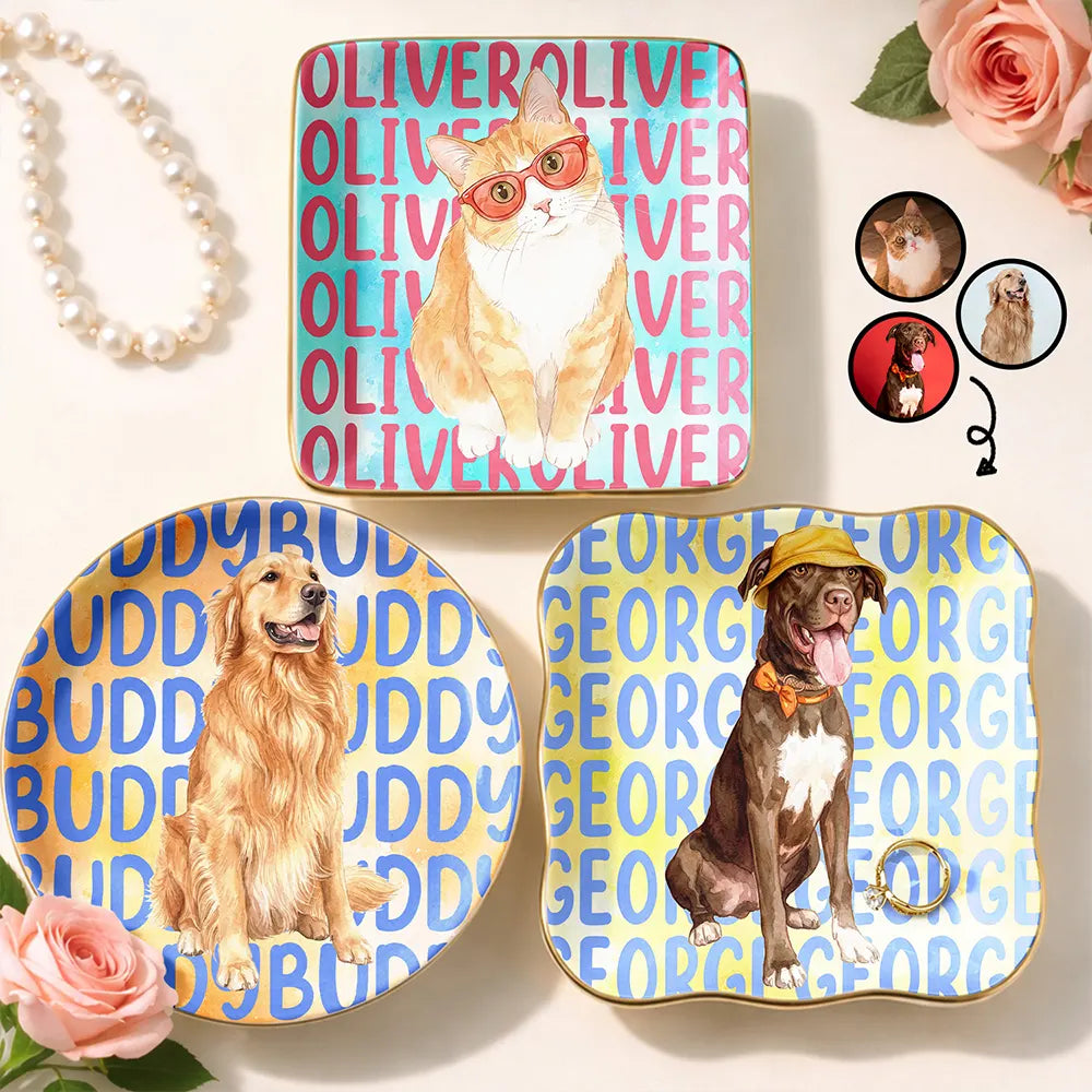 Top Market, Adorable, Art Design, Pet Lovers, Photo - Watercolor Summer Pet With Accessories - Custom Photo Watercolor Pet With Summer Accessories Cute Dog Cat Portrait - Personalized Ring Dish