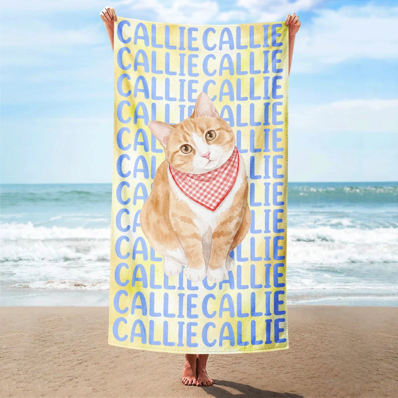 Adorable, Art Design, Custom Photo, Summer, Pet Lovers, Photo - Watercolor Summer Pet With Accessories - Custom Photo Watercolor Pet With Summer Accessories Cute Dog Cat Portrait - Personalized Beach Towel