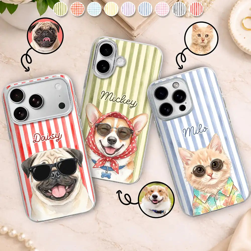 Custom Photo Watercolor Pet With Summer Accessories Pet Portrait - Personalized Clear Phone Case