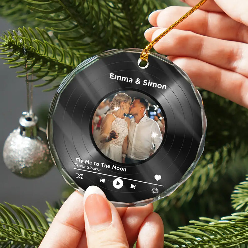 Christmas,Custom Photo,Gift For Couples,Gift For Husband,Gift For Wife,Gift For Boyfriend,Gift For Girlfriend,Happy - Custom Photo Wedding Song Favorite Couple Song - Personalized Circle Glass Ornament