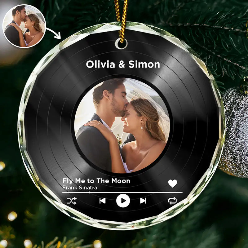 Christmas,Custom Photo,Gift For Couples,Gift For Husband,Gift For Wife,Gift For Boyfriend,Gift For Girlfriend,Happy - Custom Photo Wedding Song Favorite Couple Song - Personalized Circle Glass Ornament