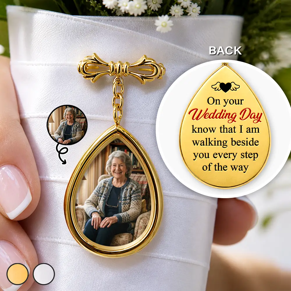 Custom Photo, Sympathetic, Gift For Yourself, Wedding, Dynamic Photo - Custom Photo Wedding Walking Beside You Memorial - Personalized Teardrop Pin