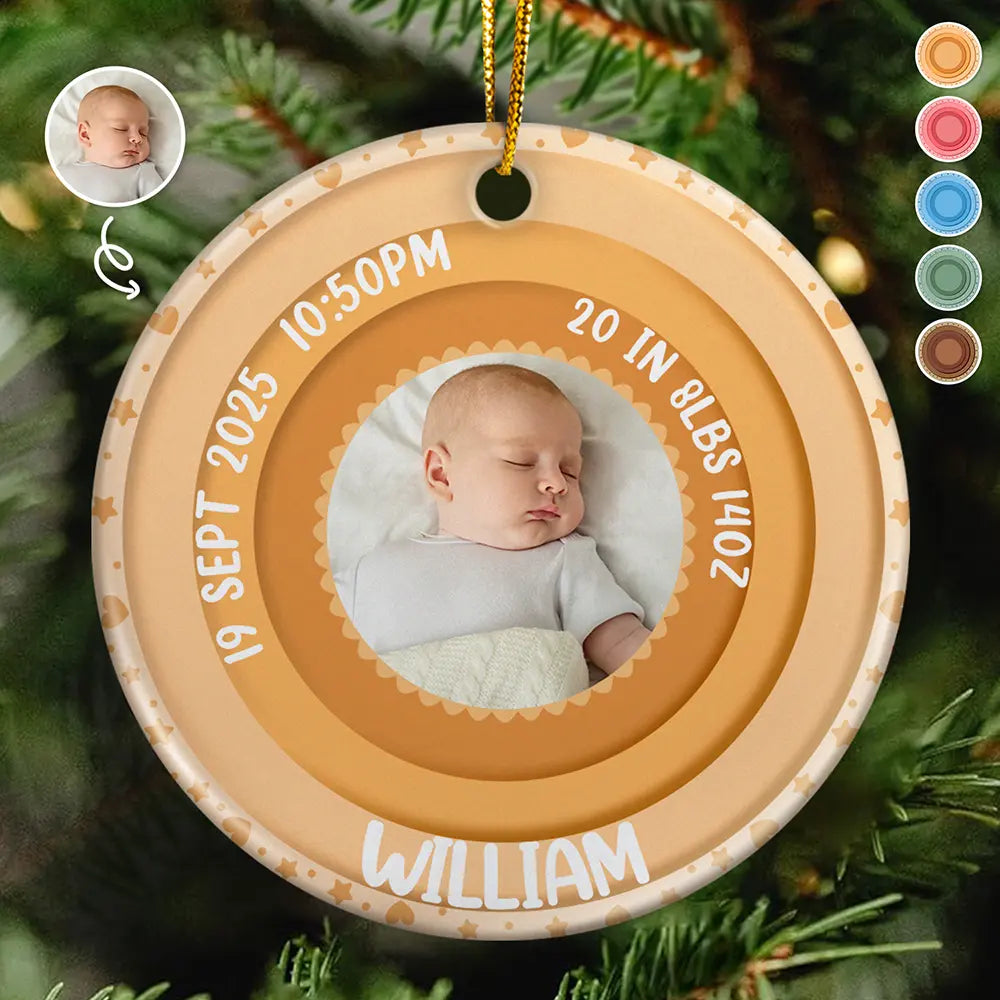 Custom Photo Welcome To The World Baby Stats - Personalized Circle Ceramic Ornament