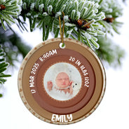 Christmas, Family, New baby, Happy - Custom Photo Welcome To The World Baby Stats - Personalized Circle Ceramic Ornament