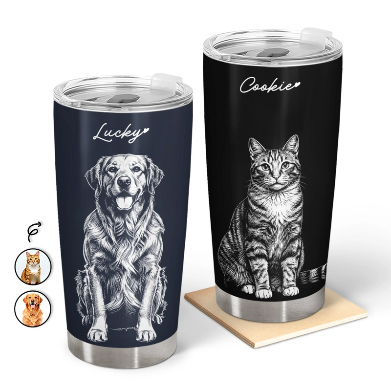 Custom Photo, Art Design, Pet Lovers, Adorable, Photo - Pencil Sketch - Dark BG - Custom Photo White Pencil Sketch Art Dog Cat Portrait - Personalized Tumbler