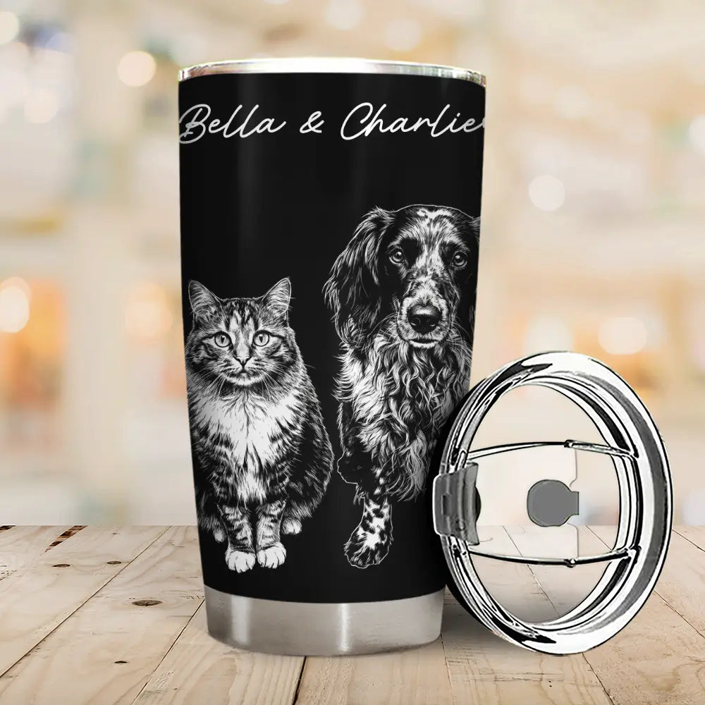 Custom Photo, Art Design, Pet Lovers, Adorable, Photo - Pencil Sketch - Dark BG - Custom Photo White Pencil Sketch Art Dog Cat Portrait - Personalized Tumbler