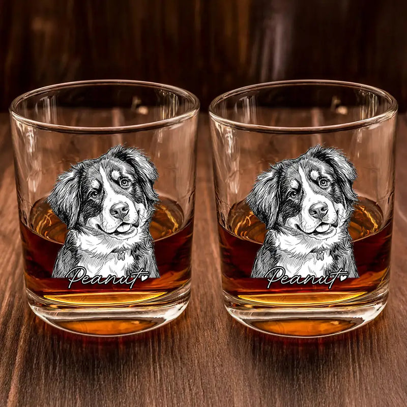 Gift For Father,Gift For Grandpa,Pet Lovers,Pet Mom,Pet Dad,Dog Lovers,Dog Mom,Dog Dad,Cat Lovers,Cat Mom,Cat Dad,Non-Eng,Photo - Pencil Sketch (Dark BG),Humorous - Custom Photo White Pencil Sketch Art Family Dog Cat Portrait - Personalized Whiskey Glass
