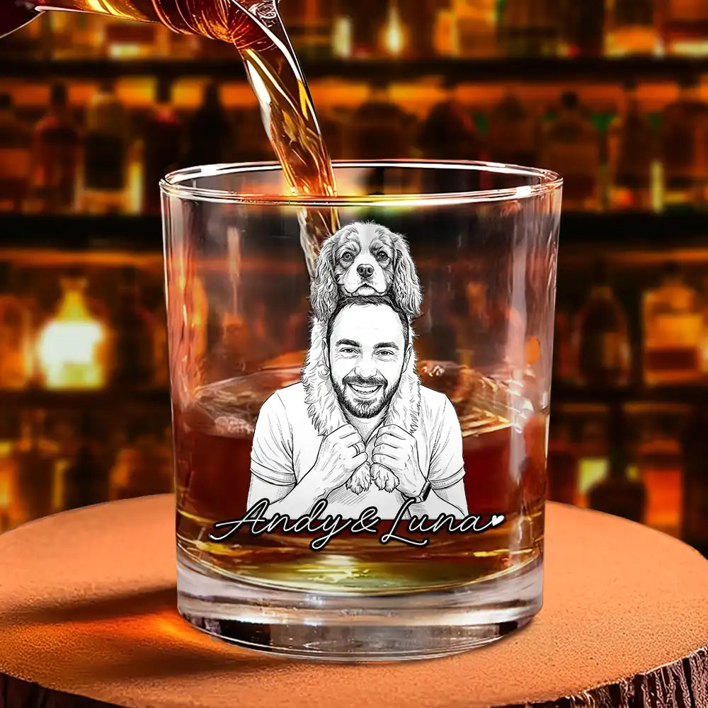 Gift For Father,Gift For Grandpa,Pet Lovers,Pet Mom,Pet Dad,Dog Lovers,Dog Mom,Dog Dad,Cat Lovers,Cat Mom,Cat Dad,Non-Eng,Photo - Pencil Sketch (Dark BG),Humorous - Custom Photo White Pencil Sketch Art Family Dog Cat Portrait - Personalized Whiskey Glass