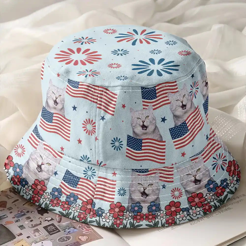 Gift For Yourself,Gift For Women,Gift For Men,Gift For Kids,Pet Lovers,Dog Lovers,Cat Lovers,Independence Day,Happy - Custom Photo With America Flags & Fireworks - Personalized Bucket Hat