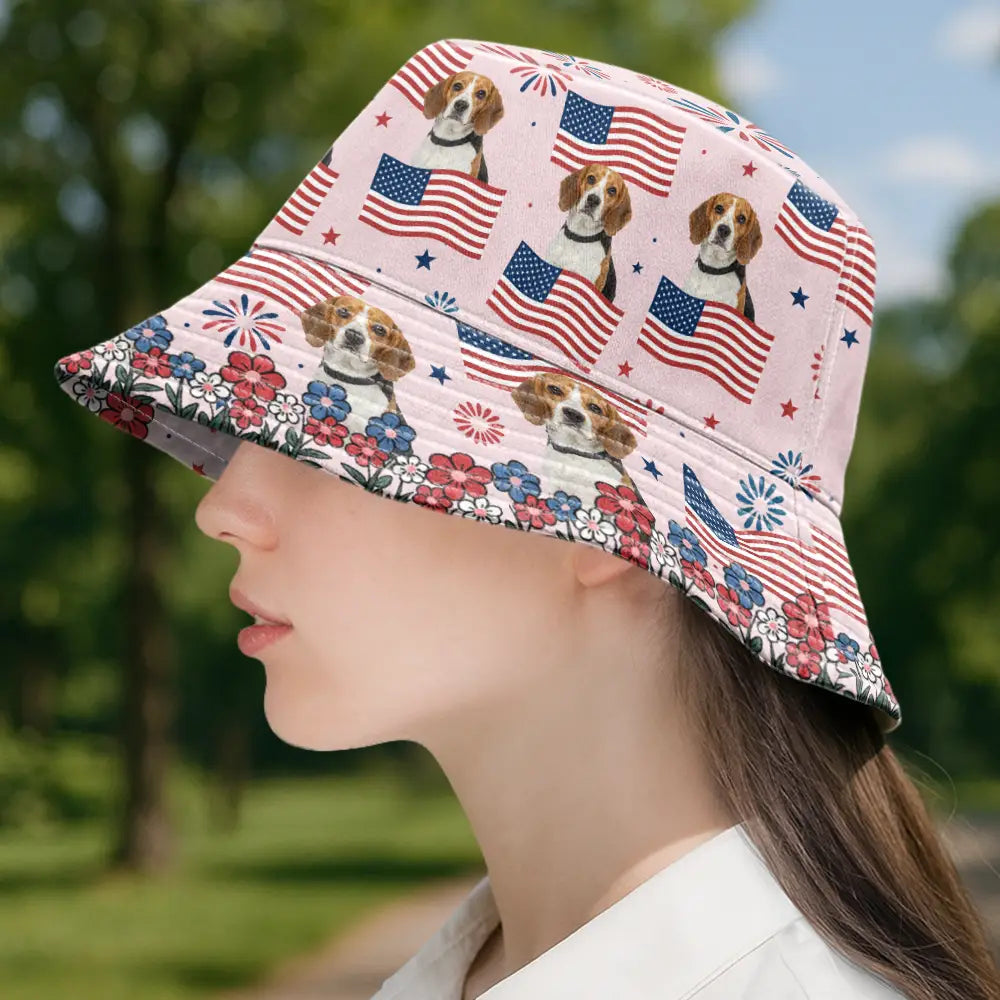 Gift For Yourself,Gift For Women,Gift For Men,Gift For Kids,Pet Lovers,Dog Lovers,Cat Lovers,Independence Day,Happy - Custom Photo With America Flags & Fireworks - Personalized Bucket Hat