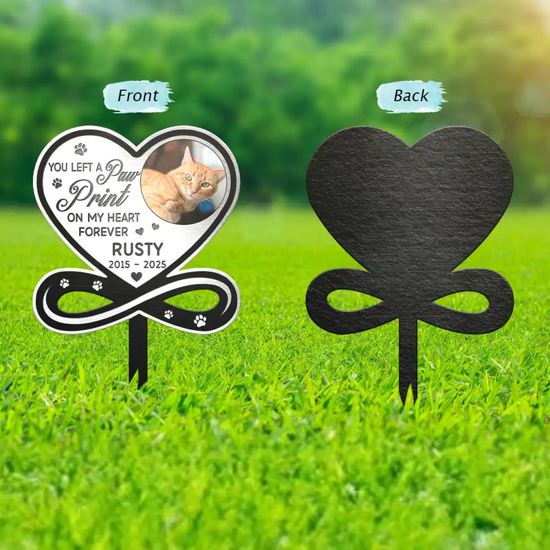 Sad,Memorial,Dog Lovers,Cat Lovers,Pet Lovers - Custom Photo You Left A Paw Print On Our Hearts Forever Memorial - Personalized Metal Garden Stake