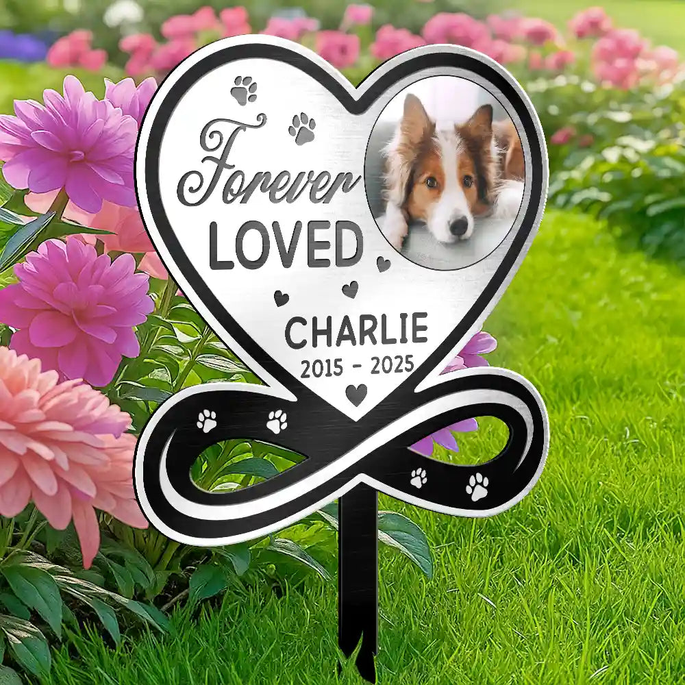 Sad,Memorial,Dog Lovers,Cat Lovers,Pet Lovers - Custom Photo You Left A Paw Print On Our Hearts Forever Memorial - Personalized Metal Garden Stake