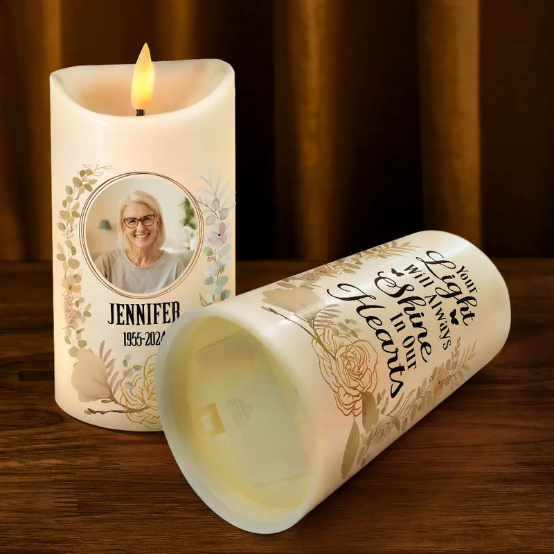 Memorial, Family - Custom Photo Your Light Will Always Shine In Our Hearts Memorial - Personalized Flameless LED Candle
