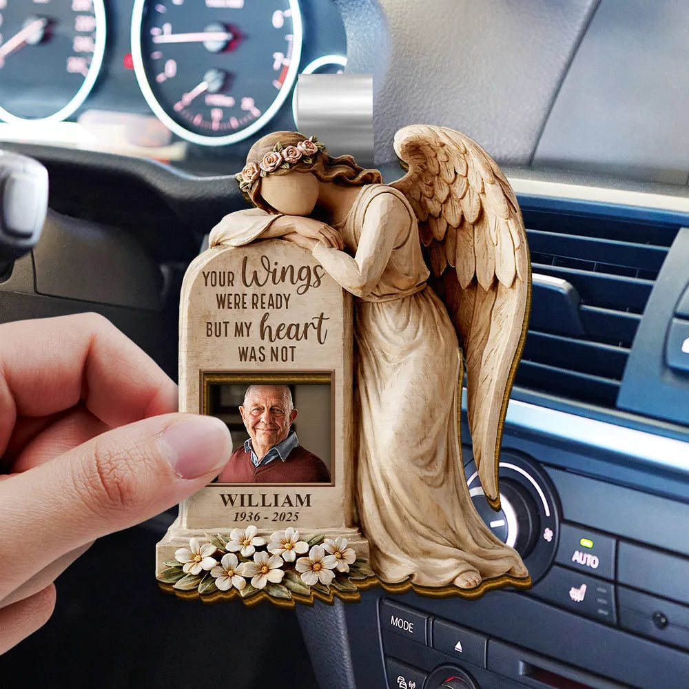 Memorial,Family,Parents,Gift For Grandparents,Sad - Custom Photo Your Wings Were Ready But My Heart Was Not - Personalized Custom Shaped Car Visor Clip